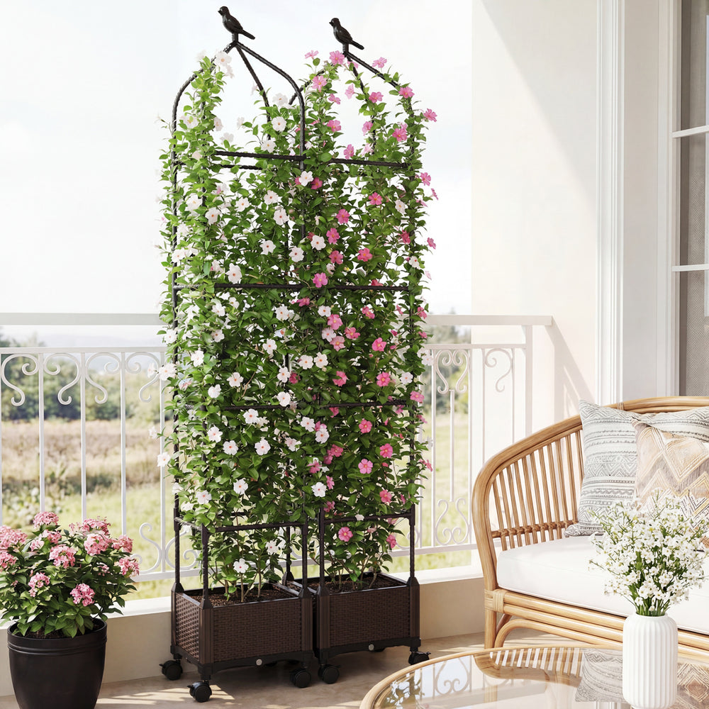 Raised garden bed with trellis in black, featuring wheels for mobility, ideal for growing plants like tomatoes and.