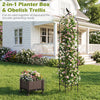 Raised garden bed with trellis in black, featuring wheels and self-drainage for versatile outdoor gardening.