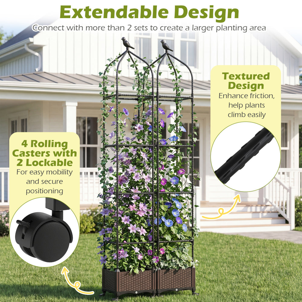 Indoor outdoor raised garden bed with trellis, featuring a black finish, wheels for mobility, and textured design for.