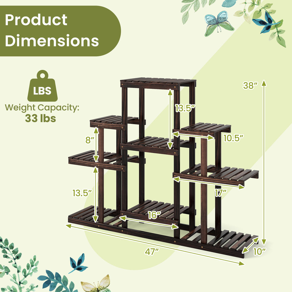 Multi-tiered brown wood plant stand with 6 slatted shelves, 47" wide, ideal for indoor and outdoor plant display.