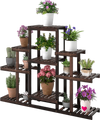 Multi-tiered brown wood plant stand showcasing 9 potted plants, ideal for indoor and outdoor use.
