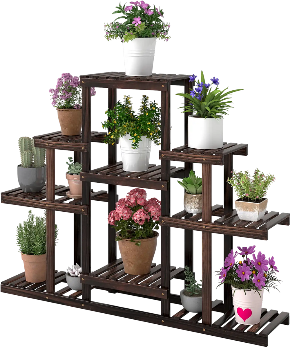 Multi-tiered brown wood plant stand showcasing 9 potted plants, ideal for indoor and outdoor use.