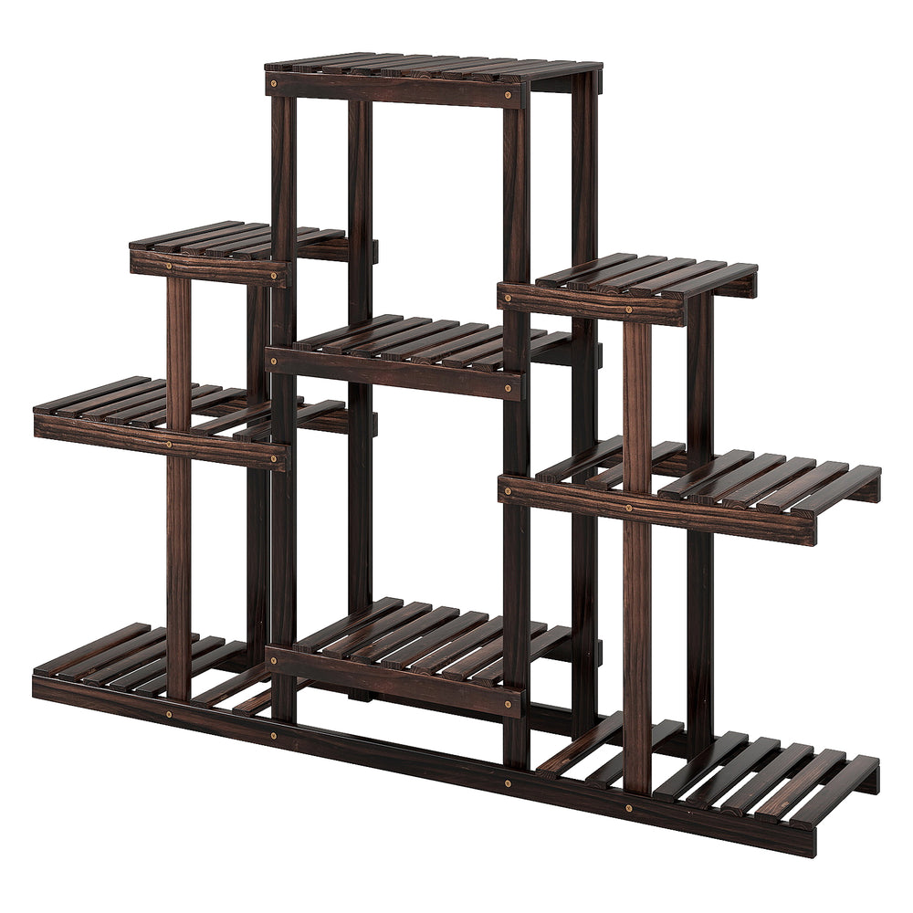 Multi-tiered brown wood plant stand with slatted shelves, designed for indoor and outdoor use, holds up to 9 potted.