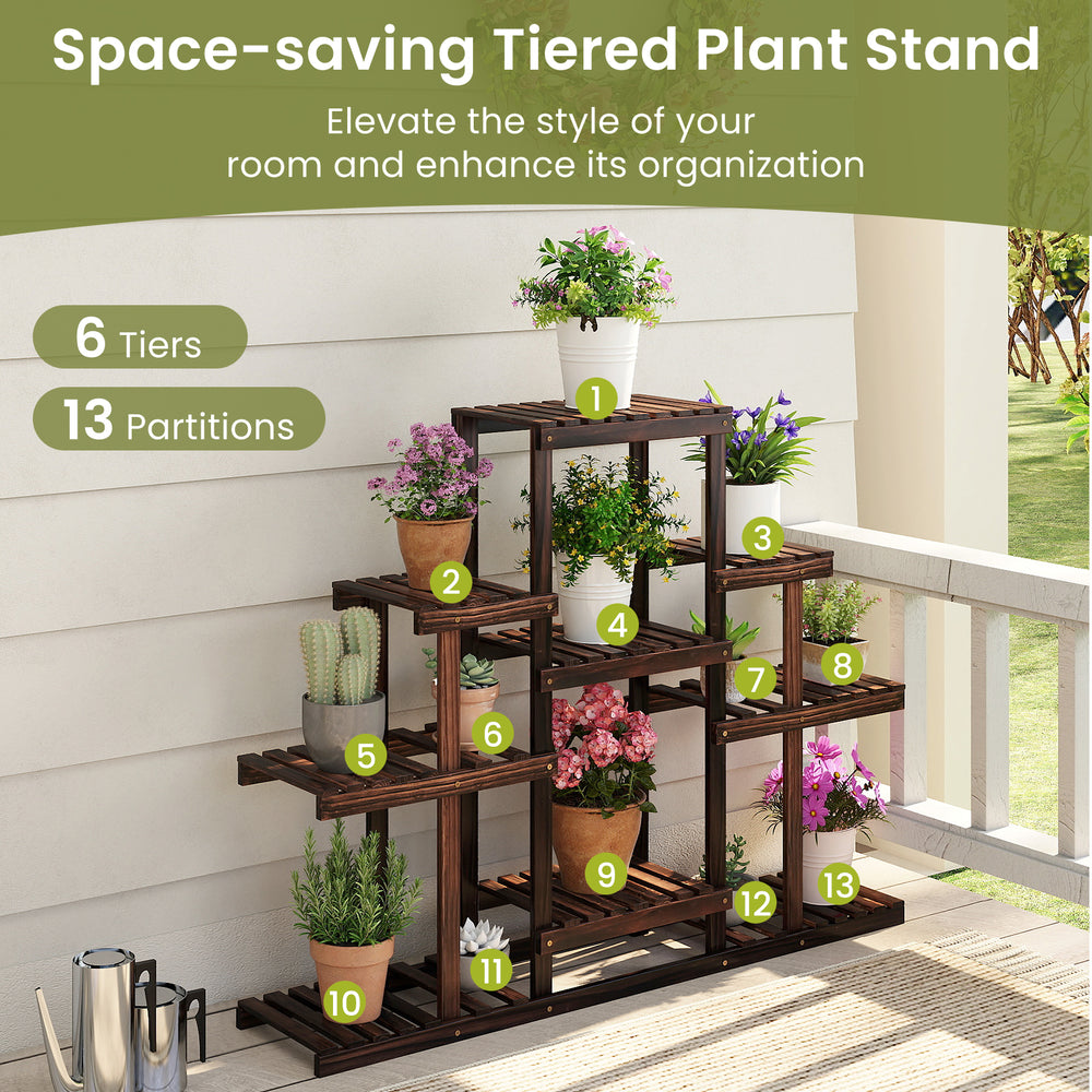Multi-tiered brown wood plant stand with 6 tiers, designed for indoor and outdoor use, showcasing potted plants.