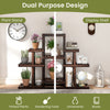 Multi-tiered brown wood plant stand with 6 shelves, perfect for displaying potted plants indoors or outdoors.