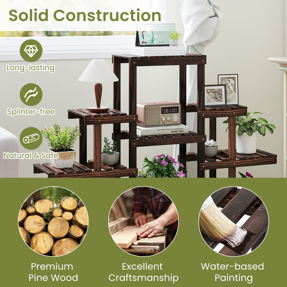 Multi-tiered brown wood plant stand made of natural pine, featuring 6 shelves for indoor and outdoor plant display.