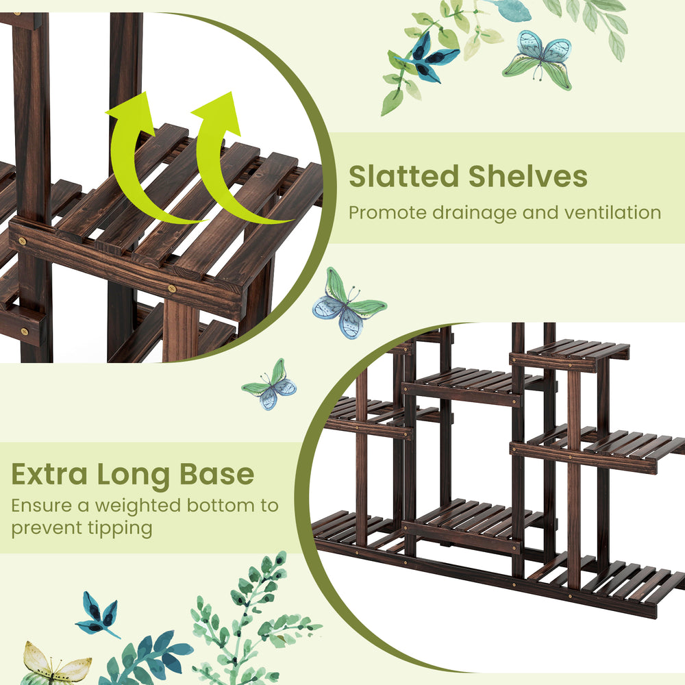 Multi-tiered brown wood plant stand with slatted shelves for ventilation, ideal for indoor and outdoor use.