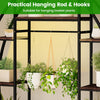 Hanging rod and hooks on the 63" tall indoor plant stand, perfect for displaying basket plants in a stylish corner.