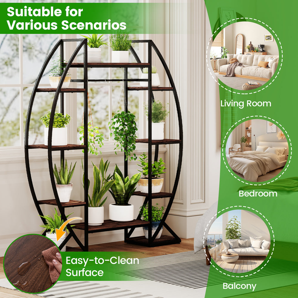 Curved 10-tier indoor plant stand in brown, featuring adjustable grow lights, ideal for living rooms, bedrooms, and.