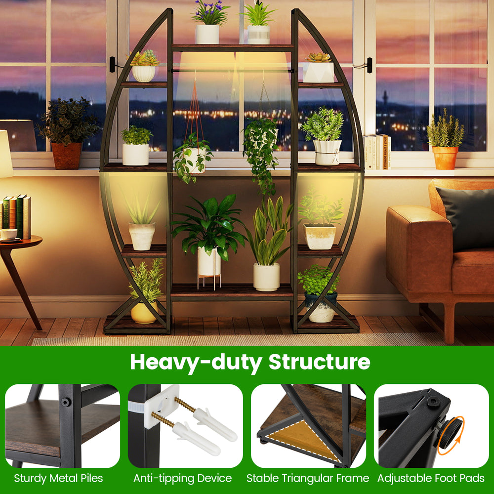 Indoor plant stand with 10 tiers, sturdy metal frame, and grow lights, perfect for displaying plants in any room.