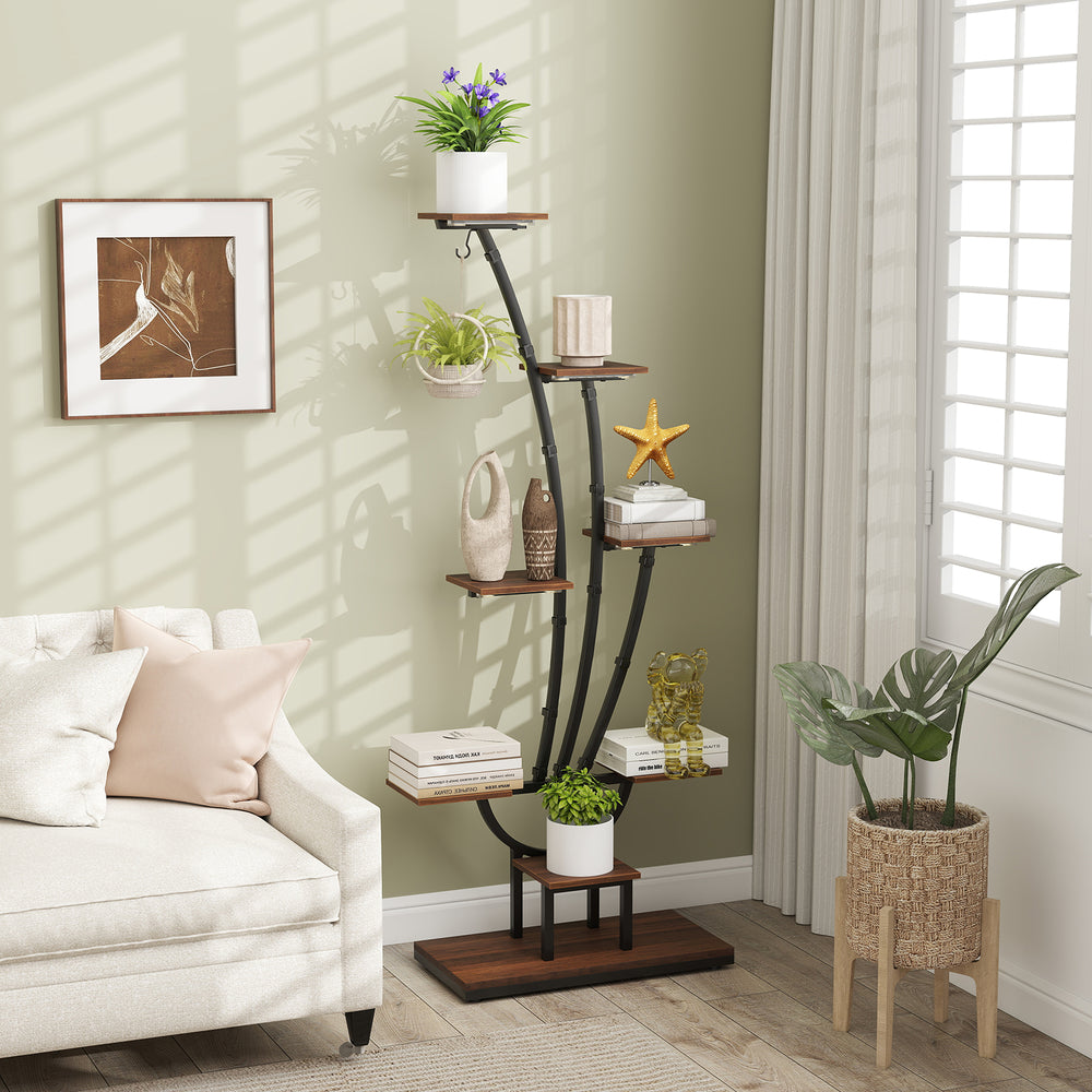 Tall 8-tier indoor plant stand with grow lights, showcasing potted plants and decor in a stylish corner display.