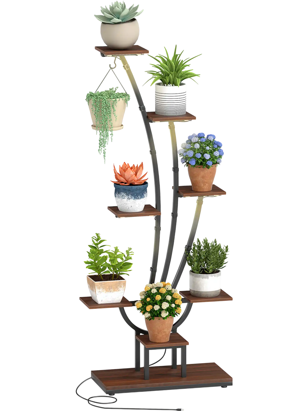 Tall 8-tier indoor plant stand with grow lights, ideal for displaying potted plants in living rooms or balconies.