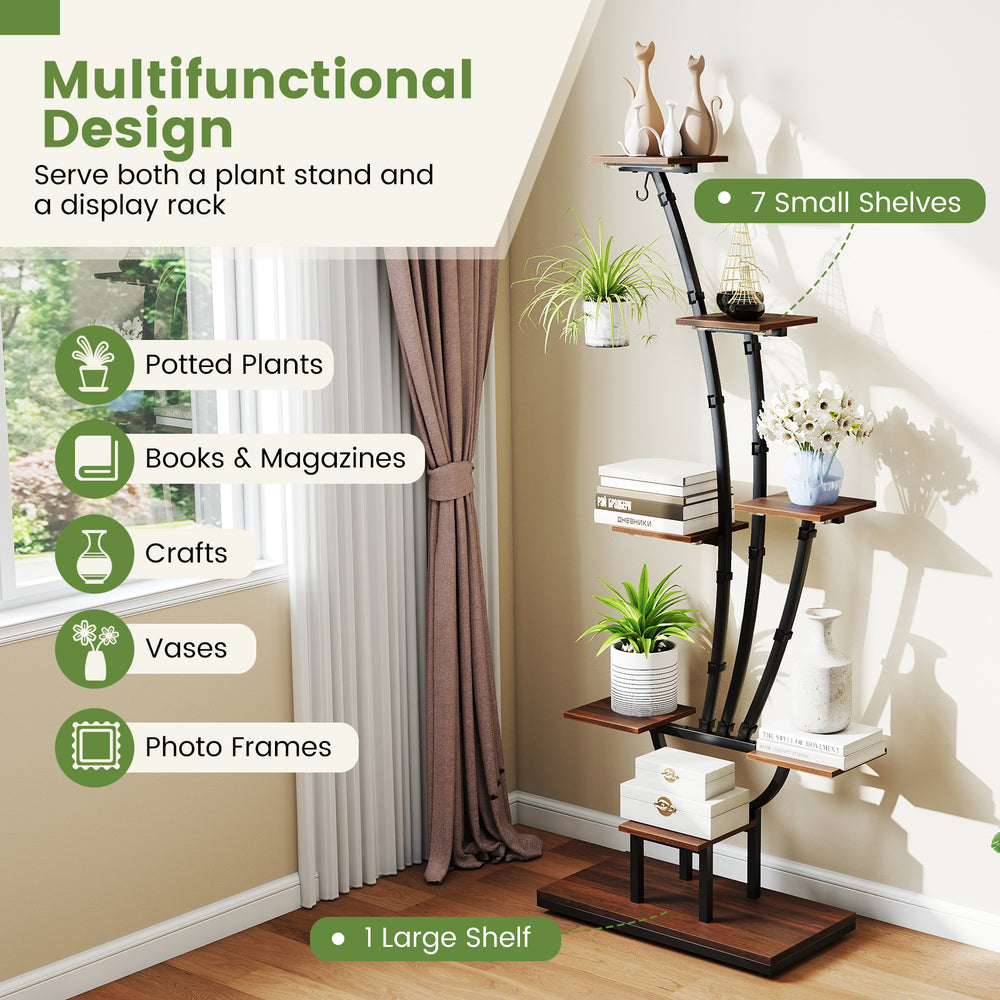 Tall 8-tier indoor plant stand with grow lights, ideal for displaying potted plants, books, and crafts in any room.