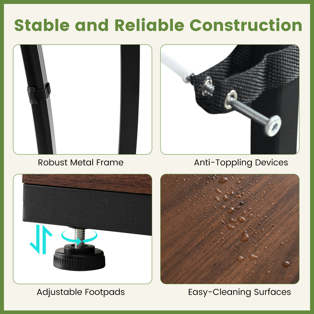 Adjustable footpads and anti-toppling devices on the 8-tier metal plant stand for stability and easy maintenance.