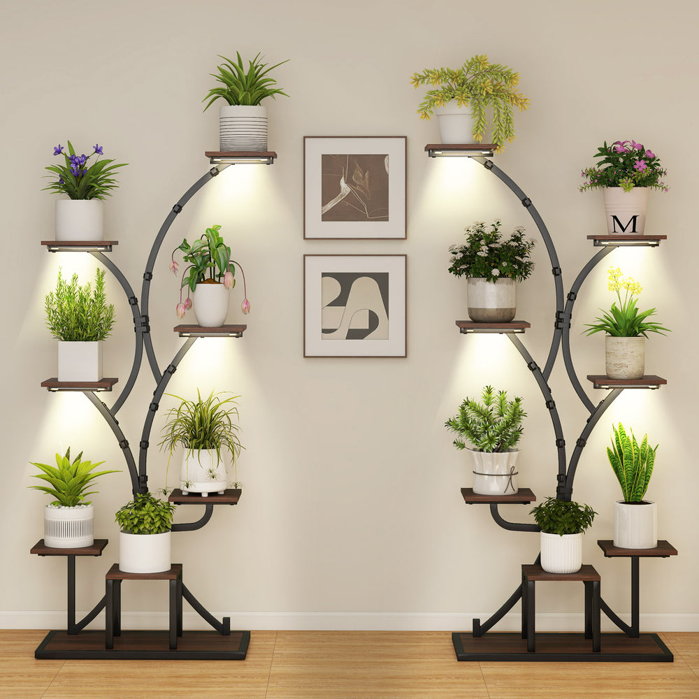 Indoor plant stand set of 2 with 8 tiers and grow lights, perfect for displaying plants in living rooms or balconies.