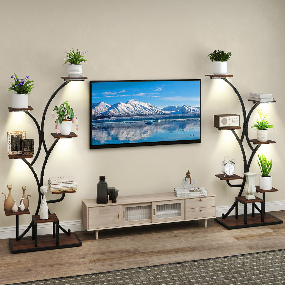 Tall 58" indoor plant stand set of 2 with 8 tiers, grow lights, and adjustable footpads for space-saving display.