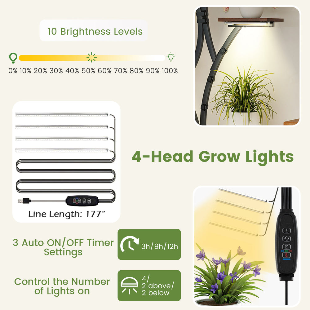 4-head grow lights on a tall metal plant stand with 8 tiers, ideal for indoor plants and space-saving display.