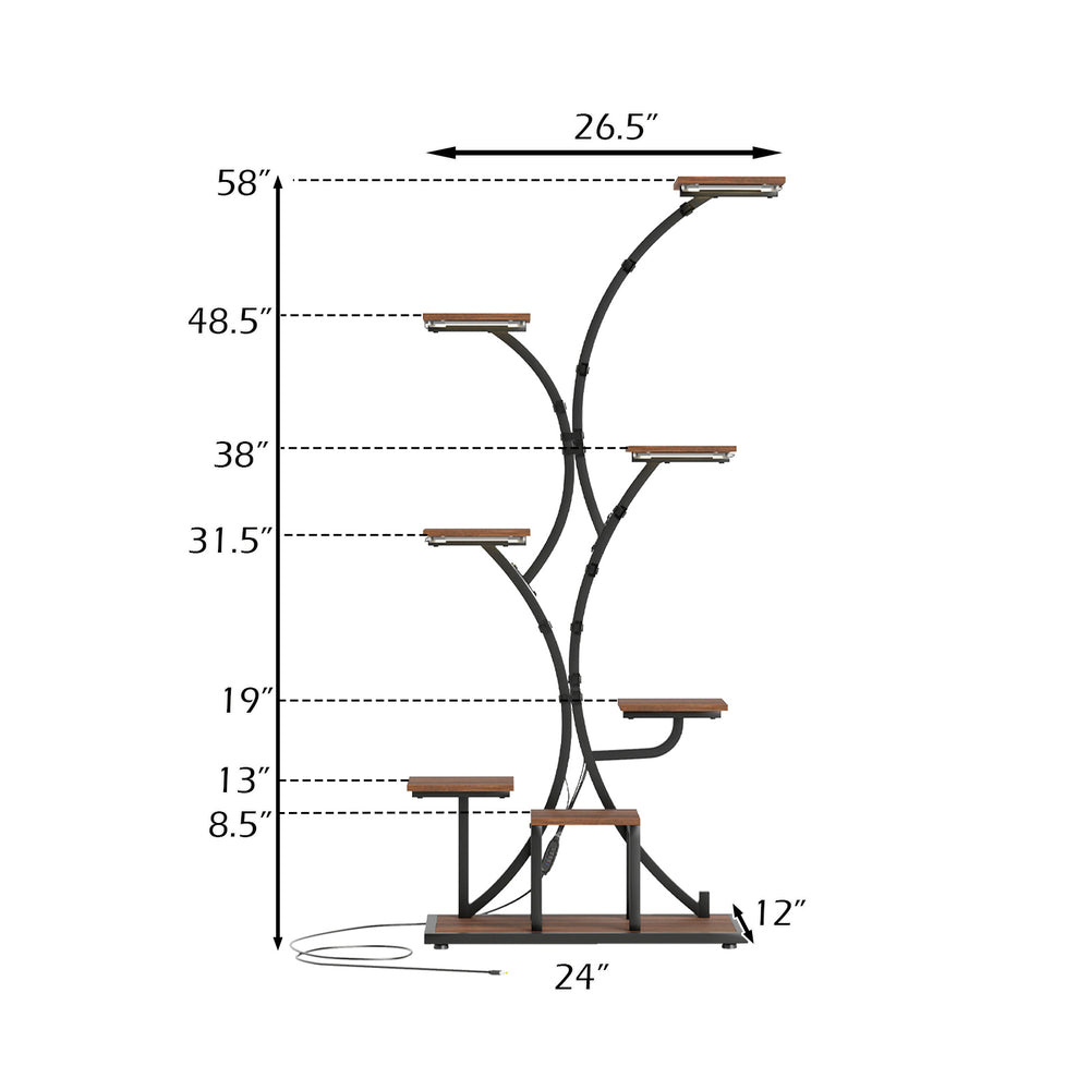 Indoor plant stand with grow lights, 58" tall, 8-tier metal shelf for potted plants and decor, ideal for corner spaces.