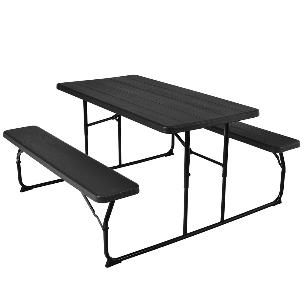 Folding picnic table bench set with wood-like texture in black, featuring spacious surface and sturdy design for.