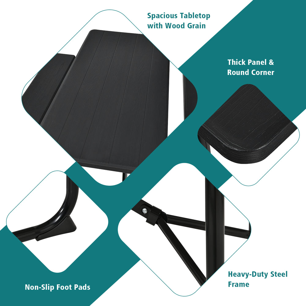 Close-up of the black folding picnic table showing wood-like texture, rounded corners, and heavy-duty steel frame.