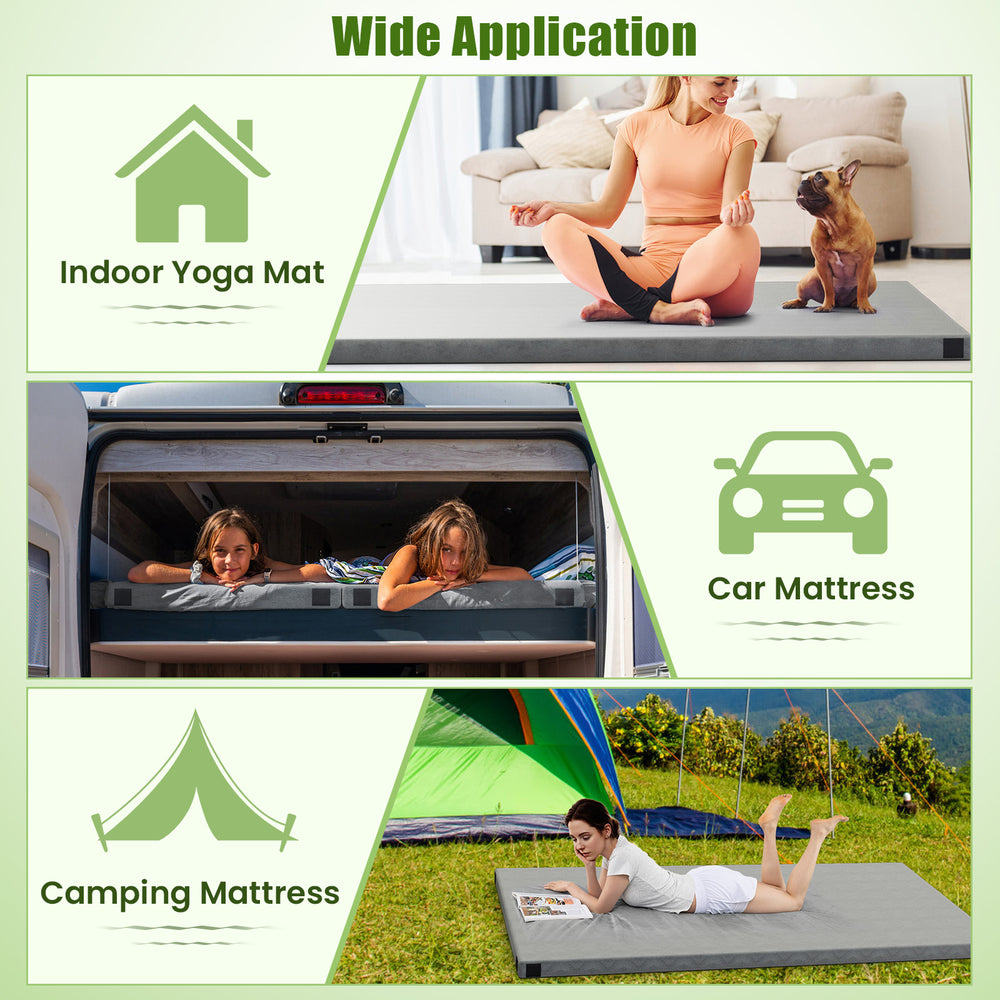 Indoor outdoor sleeping mat with high-density foam, waterproof cover, ideal for camping, yoga, or travel use.