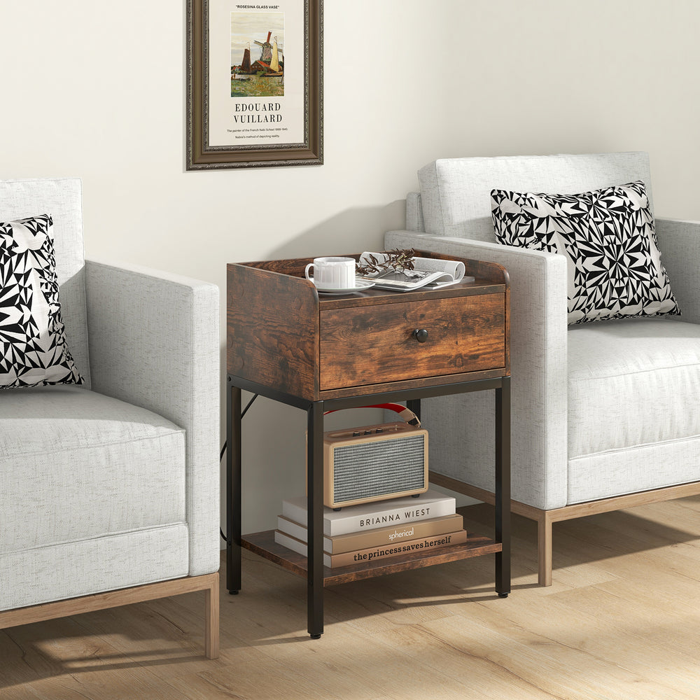 Rustic brown industrial bedside table nightstand with charging station and drawer, ideal for bedroom or living room use.