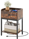 Industrial bedside table nightstand in rustic brown with charging station, drawer, and storage basket for convenient.