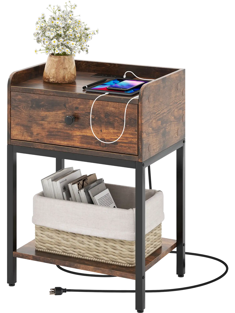 Industrial bedside table nightstand in rustic brown with charging station, drawer, and storage basket for convenient.
