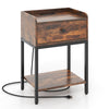 Industrial bedside table nightstand in rustic brown with charging station and ample storage, perfect for bedroom use.
