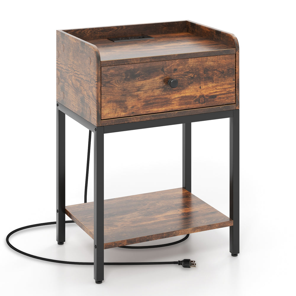 Industrial bedside table nightstand in rustic brown with charging station and ample storage, perfect for bedroom use.