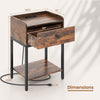 Industrial bedside table nightstand in rustic brown with charging station, showcasing dimensions and storage features.