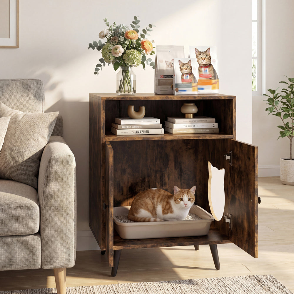 Industrial Cat Litter Box Enclosure with Entry and Open Compartment-Brown - Gallery View 1 of 10