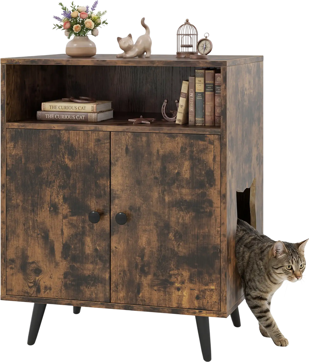 Industrial cat litter box enclosure in brown featuring a lovely cat-shaped entry and elegant door knob for easy access.