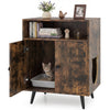 Industrial cat litter box enclosure in brown with a lovely cat-shaped entry and sturdy metal tapered legs for stability.
