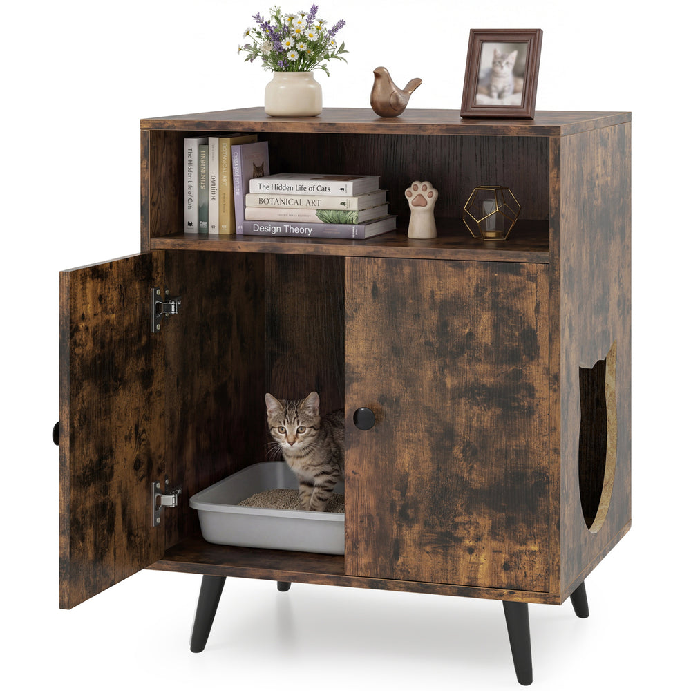 Industrial cat litter box enclosure in brown with a lovely cat-shaped entry and sturdy metal tapered legs for stability.