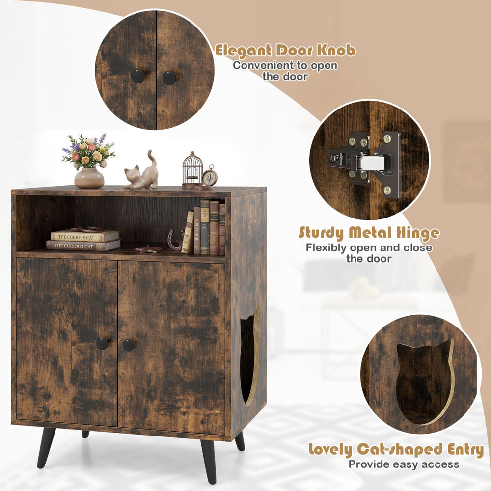 Industrial cat litter box enclosure in brown with double doors, cat-shaped entry, and spacious storage for easy access.