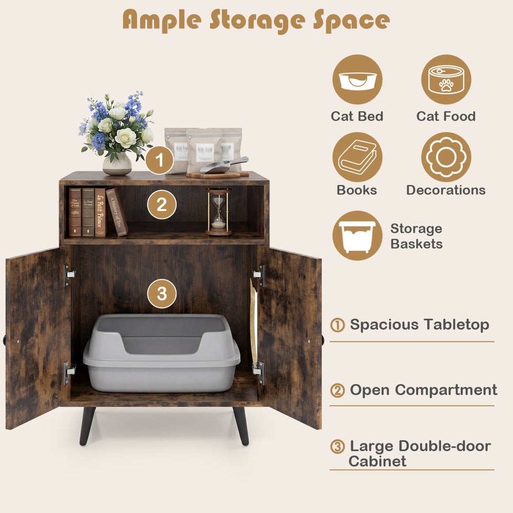 Industrial cat litter box enclosure in brown with spacious tabletop and double-door cabinet for ample storage.
