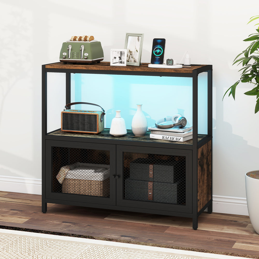 Industrial coffee bar cabinet in rustic brown with LED lights, charging station, and 3-tier storage for decor and.