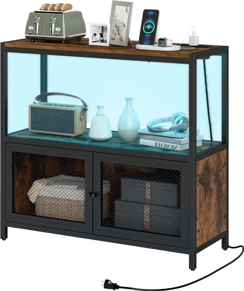 Industrial coffee bar cabinet in rustic brown featuring adjustable LED lights, sturdy metal grid doors, and ample.