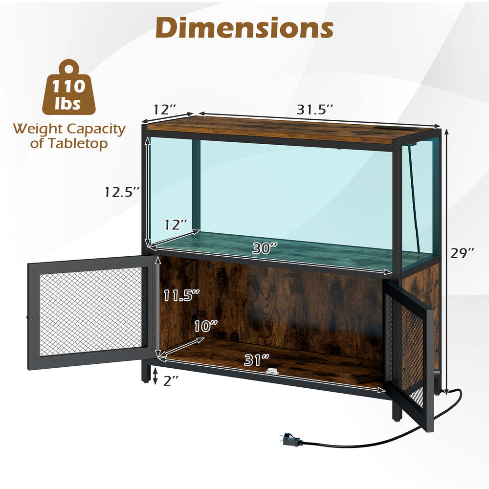 Industrial coffee bar cabinet with LED lights, rustic brown finish, showcasing dimensions and charging station features.