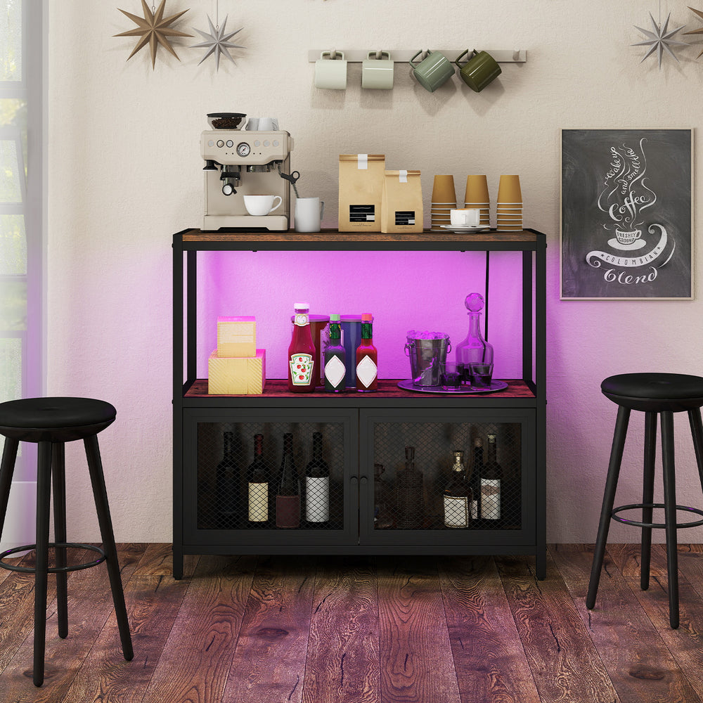 Industrial coffee bar cabinet in rustic brown with LED lights, featuring 3-tier storage and built-in charging station.