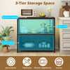 Industrial coffee bar cabinet in rustic brown with 3-tier storage, LED lights, and built-in charging station for.