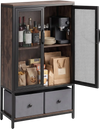Industrial coffee bar cabinet in rustic brown with mesh doors, featuring a 2-tier storage compartment and two drawers.