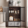 Industrial coffee bar cabinet in rustic brown with two-tier storage, featuring wine bottles, cups, and kitchen.