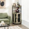 Industrial corner bar cabinet in taupe with glass holder, adjustable shelf, and metal mesh doors for stylish storage.