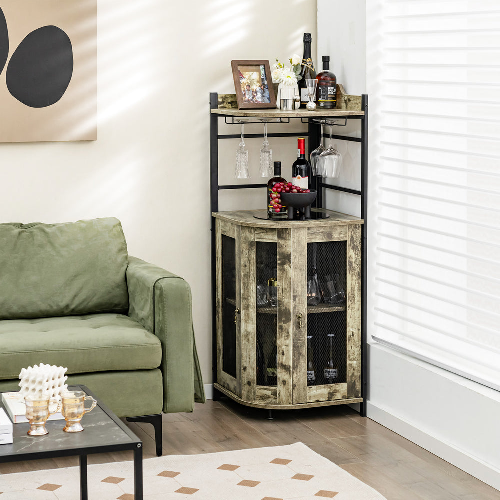 Industrial corner bar cabinet in taupe with glass holder, adjustable shelf, and metal mesh doors for stylish storage.