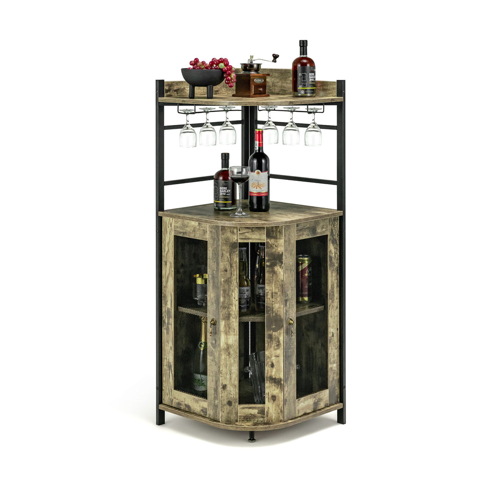 Triangular industrial corner bar cabinet in taupe with glass holder, adjustable shelf, and metal mesh doors for stylish.