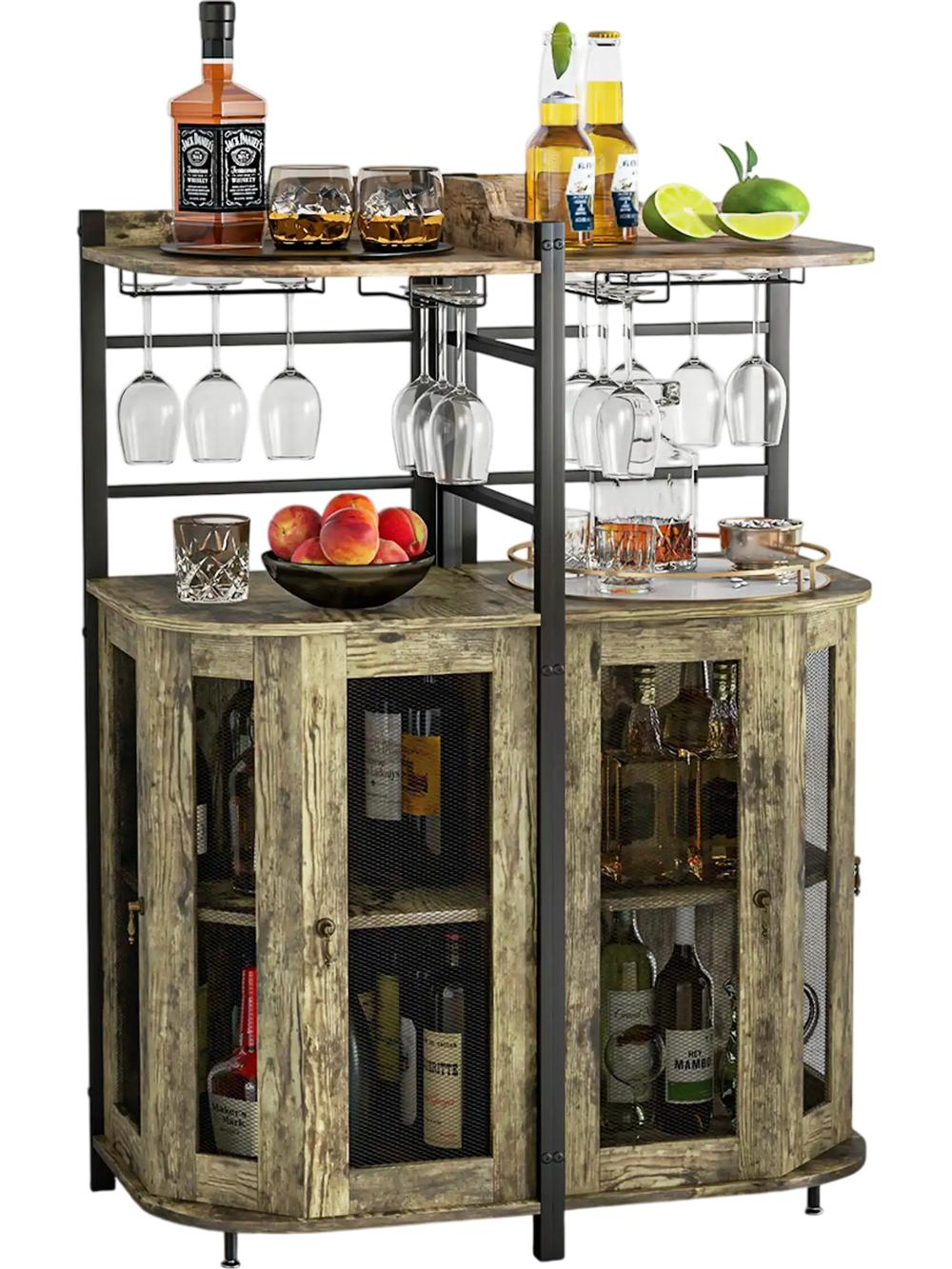 Corner bar cabinet in taupe with see-through doors and anti-tip kit, enhancing safety and style in any space.