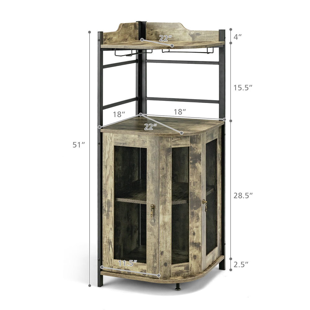 Triangular industrial corner bar cabinet in taupe featuring adjustable shelf and wine glass holder, ideal for.