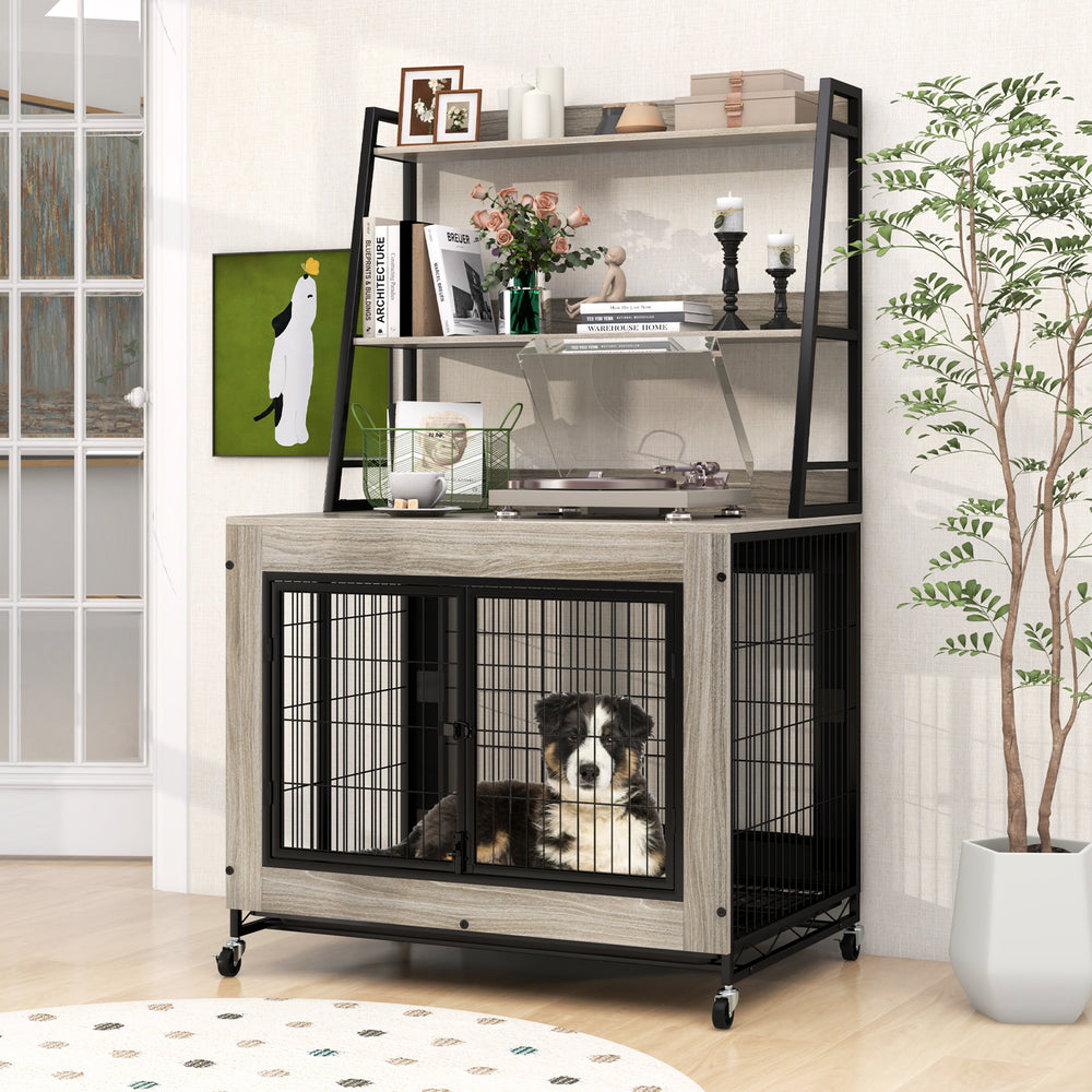 Industrial Dog Kennel Dog Crate Furniture with Storage Shelves-Gray - Gallery View 1 of 10